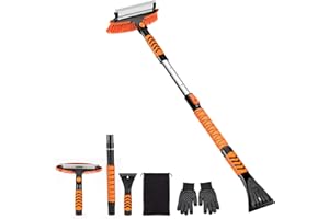 Sukudon Wysuwana skrobaczka 3 w 1, do przedniej szyby samochodu, odporna na zarysowania, 106 cm, zdejmowana szczotka do usuwania śniegu z raklą, piankowy uchwyt, obrotowa głowica szczotki o 270°, do