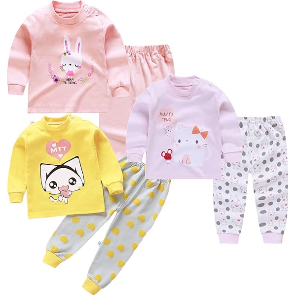 Pyjama Bébé Fille - Set Manches Courtes + Pantalon Long Imprimé Dessin Animé - Confort Doux Pour Le Printemps/été