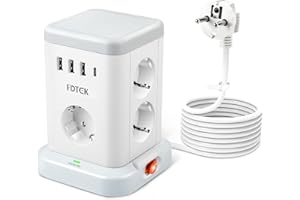 FDTEK Ciabatta Elettrica, Torretta Multipresa con 7 Prese e 3 Porte USB-A & 1 Tipo C, Ciabatta Cubo con Protezione da Sovraccarico e Interruttore, Cavo da 2m, Adatto per Casa e Ufficio, 3680W/16A