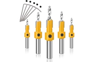 WOLFRIDE Gasea 5PCS 8MM Tige Ronde HSS Foret à Fraiser Avec Clé Fraisage à Pour Trou de Bois Outil de Chanfrein à Bois à Vis Chanfreinage Trous de Forage Accessoires Perçage Φ 2.8mm,3mm,3.2mm,3.5mm, 4mm Jaune