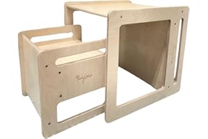 Family Nation, Set Tavolo e Sedia Montessoriani Evolutivi, Altezza Regolabile, Ideale per Leggere e Disegnare, per Bambini dai 10 ai 48 Mesi, Solida Struttura in Legno, Natural