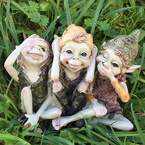 Pixie Hear, See, Speak No Evil - Green Garden Home Decor - Fun Quirky Gift Figurine - Anthony Fisher by Fiesta Studios