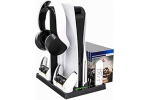 Hsility PS5 Stand with Cooling Fan PS5 Console Accessories Stand PS5 Charging Station PS5 Headset Stand Intelligent Micro Control PS5 Vertical Stand Dual Controller Charging Port 15 Game Discs Storage