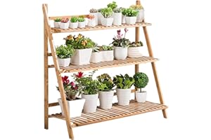 UNHO medla Regał na kwiaty, z drewna bambusa, stojak na kwiaty do wewnątrz na zewnątrz, 3-stopniowy, składany, wymiary: 100 x 38 x 97 cm, brązowy