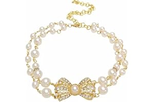 PESINE Pet Pearl Necklace 2 Rows Pearl Collars with Bling Bow Adjustable Wedding Collar Clothes Outfits Accessories for Pets Small Cats Dogs