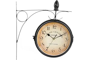 Dyna-Living Double Sided Wall Clock, Medium Outdoor Garden Clock Train Station Clock Vintage Wall Mounted Clock Outdoor Garden 33 * 9 * 31 cm