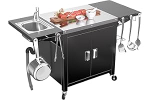 GFTIME Carrello per barbecue, cucina all'aperto, tavolo per pizza mobile, in acciaio inox, con ruote, tavolo da cucina, tavolo da pranzo, 154 x 63 x 89 cm