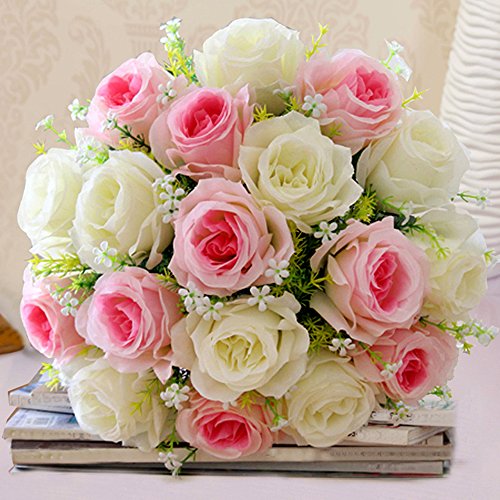 Librao 18 Heads Artificial Flowers Bouquet 15'' Romantic Fake Silk Roses Bridal Bouquets Posy Home Wedding Anniversaries Decor (White+Pink)