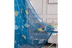 Lsimeru Vorhänge Durchsichtig Kinderzimmer Junge 225x140 Sterne Planet Muster Blau Vorhang Gardinen Transparent mit Ösen Fensterschal Kinder Baby für Wohnzimmer Schlafzimmer