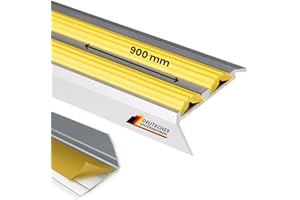 FLOORDIREKT Profilo per gradini Power Grip | Profilo per scale con inserto in gomma antiscivolo | Preforato o autoadesivo | Materiale di montaggio incluso (90 x 4,2 x 2 cm | Autoadesivo, giallo)
