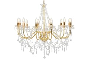 vidaXL Lampadario con Perle di Cristallo Rotondo 12 Lampadine E14 Elegante Lampada da Soffitto Luce Interni Dorato Trasparente in Metallo e Acrilico