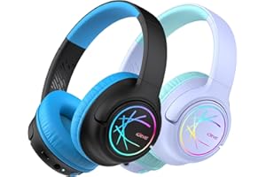 iClever Pack de 2 auriculares Bluetooth para niños con luces LED, 74/85 dBA, limitación de volumen, 43 horas de tiempo de reproducción, sonido estéreo, tipo C, cable AUX, auriculares Bluetooth 5.3