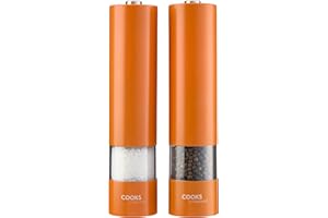 Cooks Professional Electric Salt and Pepper Mill Set | Battery Operated Automatic Grinders with Adjustable Course & Fine Grinding & One Touch Operation | Condiment Seasoning Grinder | Orange