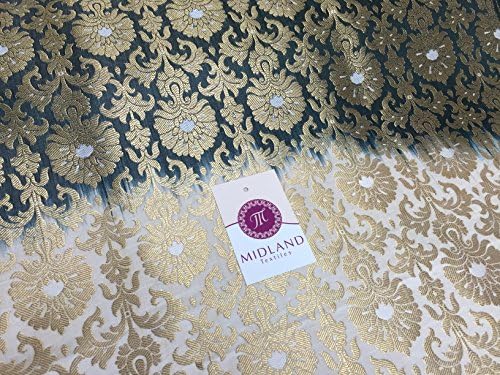 Ornamental Two toned Golden metallic Brocade Indian Banarsi fabric (Dark Pine and Ivory 5)