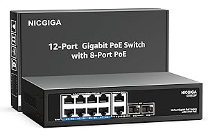 12 Port Gigabit PoE Switch Unmanaged with 8 Port IEEE802.3af/at PoE+@120W, 2 x 1000Mbps Uplink + 2 x 1G SFP, NICGIGA 8 Port Network Power Over Ethernet Switch, Desktop/Wall-Mount.