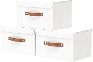 OUTBROS Cajas Almacenaje Lavable Plegable, Cesta de Tela, Juegos de Organizadoras con Tapa y Asa, Cubos de Almacenamiento, Contenedores de Tela para Ropa, 33 x 23 x 20 cm, 3 unidades, Blanco