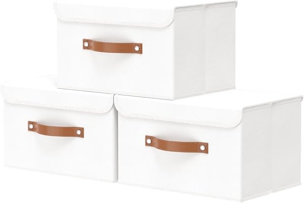 OUTBROS Paniers de Rangement, 33 x 23 x 20 cm Boîte Pliables avec Couvercles et Poignées, Bac Range pour Vêtement, Magazine, Chambre à Coucher (3 pièces,Blanche)