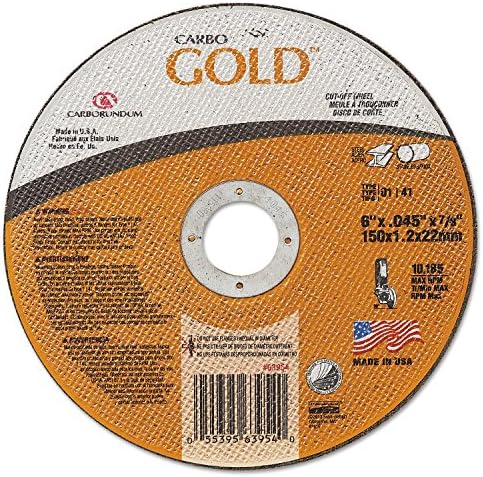 Carborundum 481-05539563954 Aluminum Oxide Type 01 Cutoff Wheel, 6", 0.045", 46 Grit, 7/8", 10185 rpm, Carbo Gold