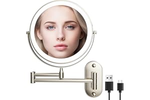 JUTYUM Espejo Maquillaje Con Luz Pared, Espejo Aumento Baño 1X/10X Giratorio 360, Con 3 Colores Regulable, Espejo De Aumento Con Luz, Recargable Espejo Para Baños, Hoteles