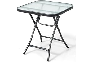 COSTWAY Składany stolik pomocniczy, mały stół balkonowy, odporny na warunki atmosferyczne, kwadratowy z blatem hartowanego szkła, 46,5 x 46,5 x 42 cm