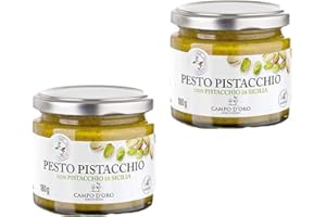 CAMPO D'ORO Set 2 Pezzi PESTO DI PISTACCHIO 180 GR. Specialità siciliane per ricette, sugo pronto siciliano prodotto con Pistacchi Siciliani tritati con un pizzico di sale e olio. 100% Made in Italy