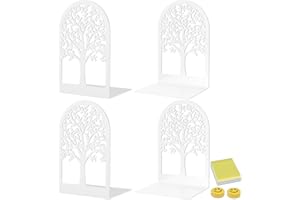 Qualsen Pack of 4 Metal White Bookends, Tree Design Bookends, Bookends with Non-Slip, Decorative Bookends, Bookends for School, Home, Office, School Supplies