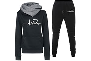 GÉNÉRIQUE 2 Pièces Jogging Femme Ensemble Hiver Sport Pantalon Et Sweat à Capuche Grande Taille Chic Et Elegant Imprimé Heartbeat Femme Vêtement De Sport
