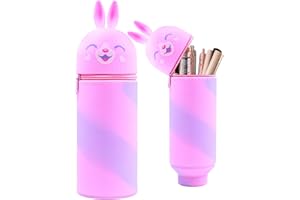 EEPLUYTY Générique Étui École 2 en 1 Silicone, Trousse Verticale, Fermeture Éclair, Dessin Animé Mignon, DIY (Rose)