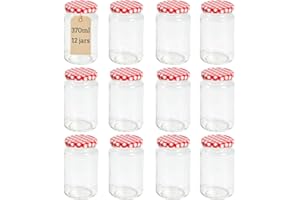Nutley's 12 × 370ml, 1lb Jam Jars with Twist Off Red Gingham Lids – Glass Preserve Jars for Jam, Pickles, Chutneys, Sauces & Homemade Preserves