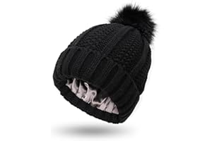 CAMELLIASS Women Knitted Beanie with Satin Lining Pom Pom Winter Warm Cap Bobble Hat