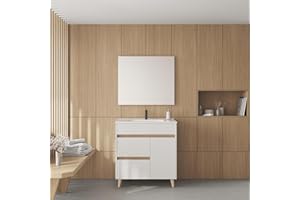 AMIZUVA - Conjunto de Mueble de Baño Kaori con 2 cajones y 1 Puerta - Anchura 80 cm - Incluye Lavabo Cerámico y Espejo - Lavabo para Baño con Acabado Blanco Brillo - Mueble Lavabo 80x85,5x46 cm