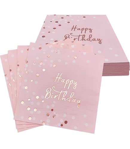 40 Serviettes Happy Birthday Rose Doré - Décoration Table Fête - Papier 18G/M² - 33x33cm Déplié