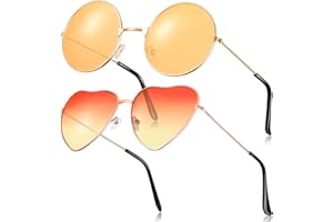 Fiada 2 Paires Lunettes de Soleil Hippies Lunettes de Soleil Rétro Lunettes de Soleil Vintage Lunettes de Soleil Rondes et Forme de Cœur pour Déguisement Costume Hommes Femmes