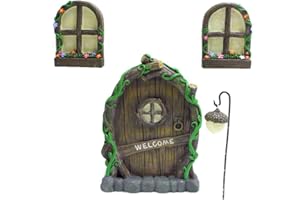 ADIFARE Miniature Fairy Tree Door with Two Glow Windows, Waterproof Door and Windows Tree Statues Mystical Garden Glow Sculptures for Yard Lawn Art Decoration