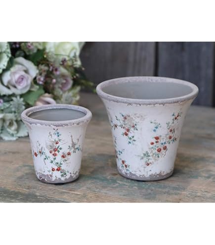 Clayre & Eef Blumentopf, 17x14x12 Cm, Beige Mit Erdbeeren – Keramik, Landhausstil, Für Innenbereich