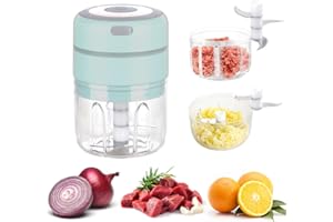 Mini Mixeur Electrique de Cuisine, Hachoir électrique USB Rechargeable, 250ml+100ml Double Tasse Mixeur Pesto pour Ail, Oignon, Viande (Bleu)