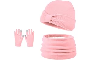 Enwokran 3 Stück Kinder Wintermützen Handschuhe Schal Set Beanie Mütze Knoten-Bogen Warme Gestrickte Touchscreen-Handschuhe Loop Schlauchschal für Jungen Mädchen 3-8 Jahre Outdoor Aktivitäten