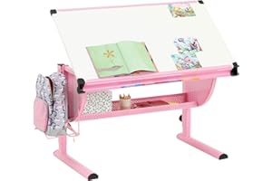 ‎CARO-MÖBEL CARO-Möbel Kinderschreibtisch Sari höhenverstellbar in weiß/rosa, Schreibtisch für Kinder neigbar mit Rille für Stifte, Schülerschreibtisch mit Ablage und Rucksackhalterung