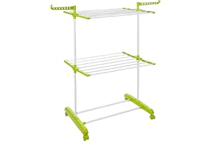 Amazon Brand - Solimo Steel Double Supported 2 Layer Cloth Drying Rack Foldable, Movable 54D x 64.9W x 127H cm White & Green