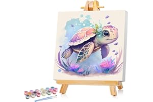 MANDUN ART Meeresschildkröte Malen Nach Zahlen Kinder Mit Rahmen Seeschildkröte Paint by Numbers für Kind Cute Tier Ölgemälde Kinder ab 5 6 7 8 9 Jahre für Haus Dekoration 20x20cm (Mit Holzrahmen)