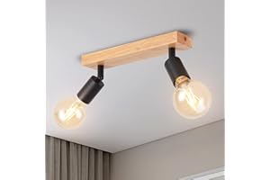 ANWIO Faretti da Soffitto Neri Regolabili,Faretti da Muro,Lampada Soffitto con 2 Lampadine LED Attacco E27,Applique da Parete,Base di Legno,Plafoniera per Negozio,Bar,Vetrina(Lampadine Escluse)