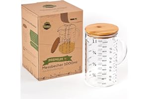 TreeBox Misurino di alta qualità, 1 L, misurino in vetro con coperchio in bambù, misurino, lavabile in lavastoviglie e adatto al microonde, diverse unità di misura perfetto per cuocere cucinare