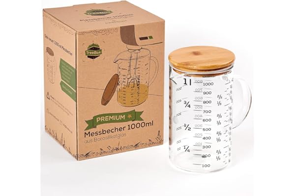 TreeBox Premium vaso medidor 1l, vaso medidor de vidrio, vaso medidor robusto y resistente al calor, de vidrio de borosilicato con tapa de bambú, apto para microondas, para hornear, cocinar y mezclar