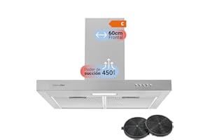 UNIVERSALBLUE Campana Extractora 60 cm en T Acero Inoxidable | Potencia 450 m³/h | Extractor de Aire y Humo Eléctrico para Cocina | Luz LED | 3 Velocidades | Filtros de Carbono Incluídos