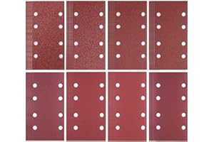 MNIXY Schleifpapier, 93 x 185 mm, Schleifblätter, Klett-Schleifpads, gelocht, 8-fach, sortiert, Körnung 40/60/80/120/180/240/320/400, Schleifpads für Schleifer, 80 Stück