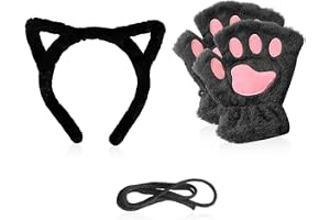 FDGGT 1 par kattklohandskar, 1 kattöron, söt plyschdekoration, fingerlösa handskar, varma och kalla handskar