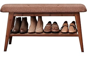 SOBIBO Shoe Bench Rack Shoe Organizer Simple Style Wood Entryway Bench Shoe Rack with 2 tire Storage for Entryway (Brown,90cm)