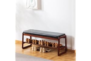 SOBIBO Solid Wood Shoe Bench, 2-Tier Wooden Storage Entryway Bench, Mid-Century Modern Shoe Rack with Seat Cushion for Hallway, Living Room (Black, 100cm)