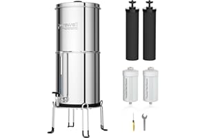 Purewell Filtre à Eau 8,5 litres par Gravité - Cuve Acier Inox 304 + 4 Filtres (Charbon/Fluor) - Robinet Visuel - Élimine 99% Fluorures/Chlore/Métaux - Sans Électricité