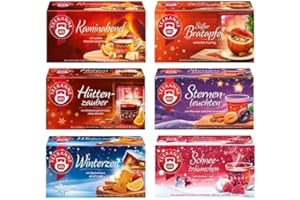 Teekanne Herbata zimowa, 6 sztuk, śnieżne marzenie, świecące gwiazdy, czarodziejska chatka, słodkie pieczone jabłko, wieczór kominkowy i czas zimowy, po 20 torebek herbaty (280 g)